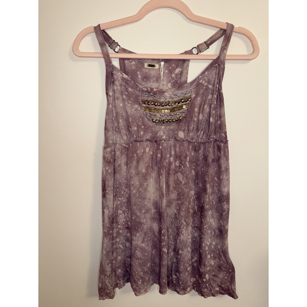 GUESS Y2K Purple Acid Wash Babydoll Tank Top M Beaded Corset Lace Up Back